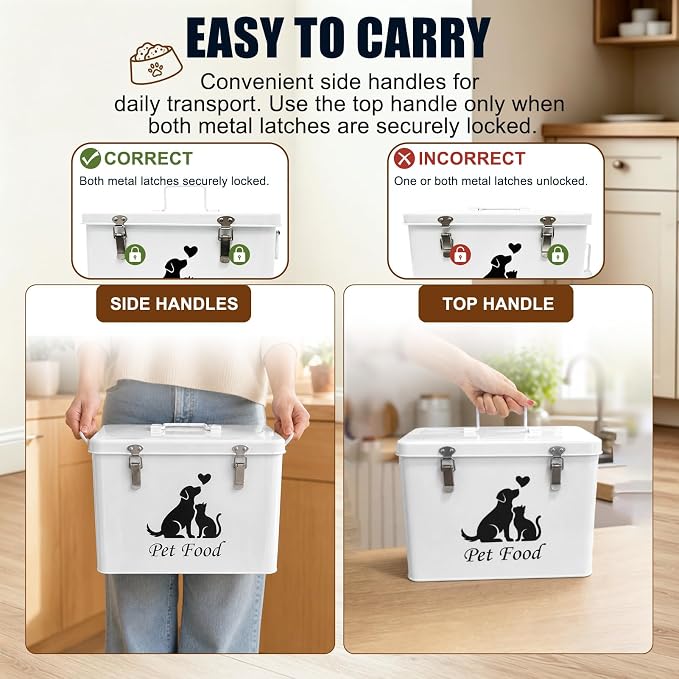Vivifying Airtight Metal Dog Food Storage Container with Scoop, Up to 13 lb | Sealing Ring and Double Locks Keep Dog Treats, Cat Treats, Cookies and Dry Pet Food Fresh, Secure and Organized, White