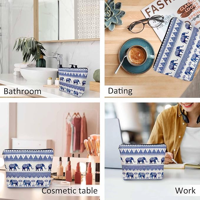 Elephant Cosmetic Bags For Women, Ethnic Geometric Elephant Roomy Makeup Bag Toiletry Bag Accessories Organizer Storage Bags Makeup Pouch For Travel Business Gym Camping Bathroom, Blue