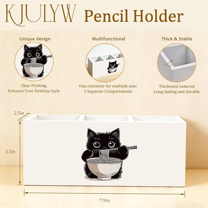 Funny Black Cat Pen Holder for Desk, Cat Lover Mom Dad Gifts, Japanese Ramen Noodles Kitty Wooden Box Pencil Pen Holder Organizer for Home Office Desk Accessories