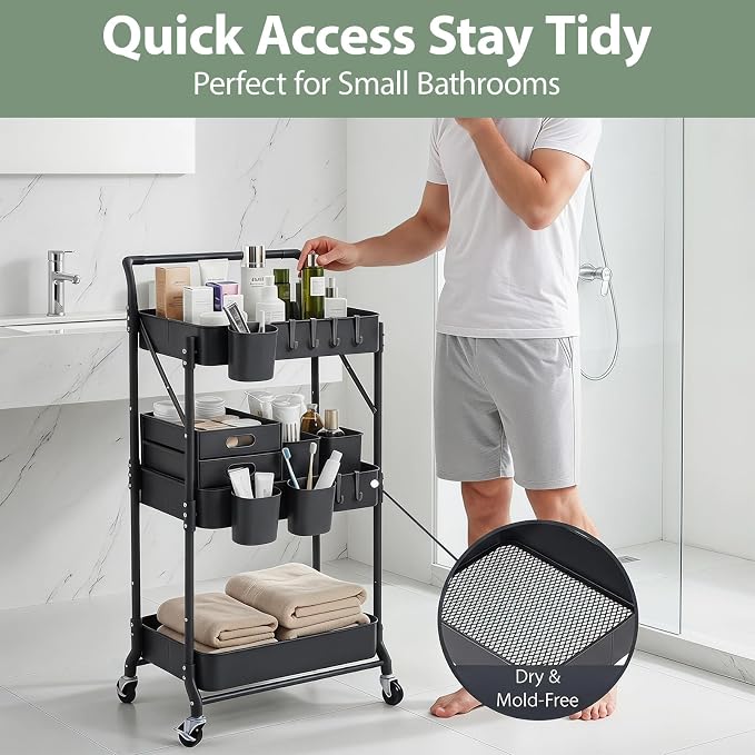 Amatic 3 Tier Foldable Rolling Cart with Wheels, Folding Utility Cart Organizer, Collapsible Rolling Storage Cart with 3 Hanging Cups & 6 Hooks for Kitchen, Office, Nursery(Black)