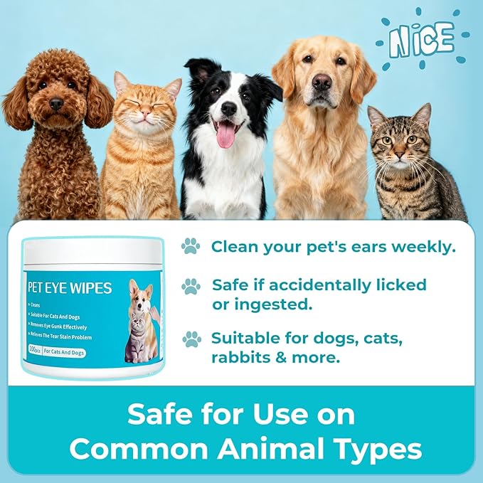 Gentle Pet Eye Wipes, Hypoallergenic Tear Stain Remover for Cats and Dogs, 100 Count Unscented Cleaning Pads with Adequate Fluid Content