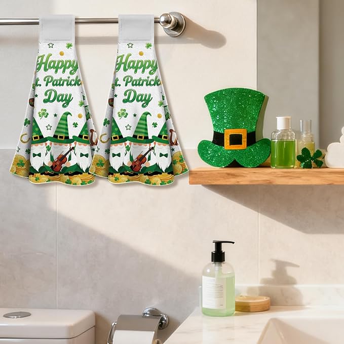 CUTHOLLOW St. Patrick's Gnomes Hanging Kitchen Towels with Loop, Set of 2 - Soft & Super Absorbent Microfiber Decorative Hanging Dish & Hand Towel, Tea, Coffee Towel for Kitchen Bathroom Oven Handle