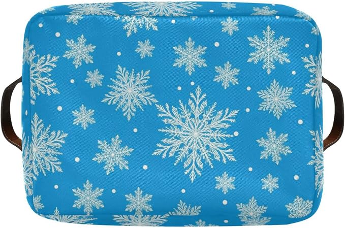 Snowflakes Christmas Blue Print Rectangular Storage Bin Basket with Handles - Organizer Bin for Books Laundry Basket for Pets Playroom Clothes