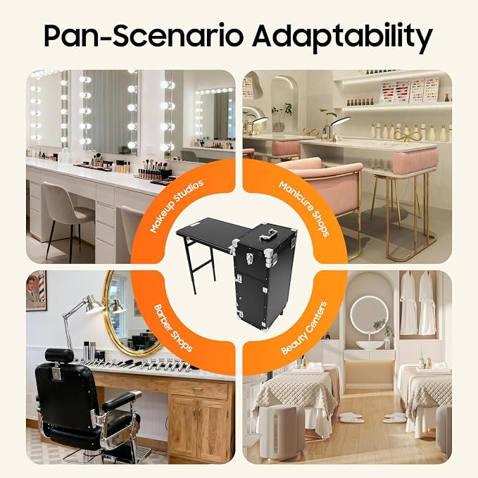 Cosmetic Trolley Storage Organizer, Foldable Nail Tables with 4 Drawers Mirror&Speaker for Hair Stylists Pet Groomers Makeup Artists Technician Workstation Salon (Black Silver)