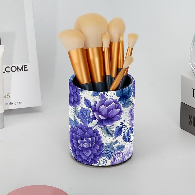 Faux Leather Pen Holder for Desk, Pencil Organizer Purple Flowers Pen Cup Desk Decor Makeup Brush Holder Storage for Office Home