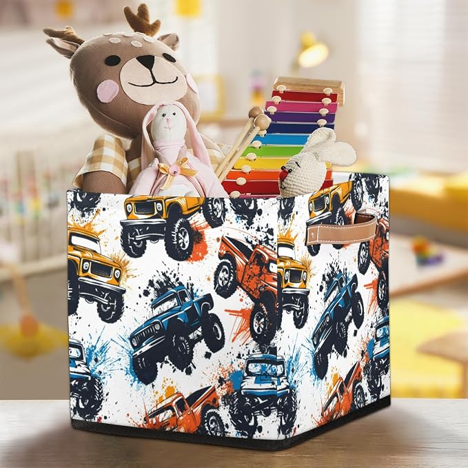 Monster Truck Car Cube Storage Bin, 13 Inch Collapsible Fabric Storage Cubes Bin, Foldable Cube Baskets for Shelf, Closet, Organizer