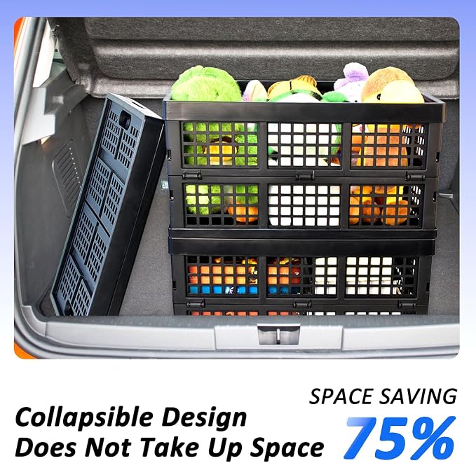 CONLI 3 Pack 34L Large Plastic Folding Crates for Storage, Collapsible Crate for Storing Food Bottle Toy Book Rectangular Storage Crate for Home Office Kitchen Classroom