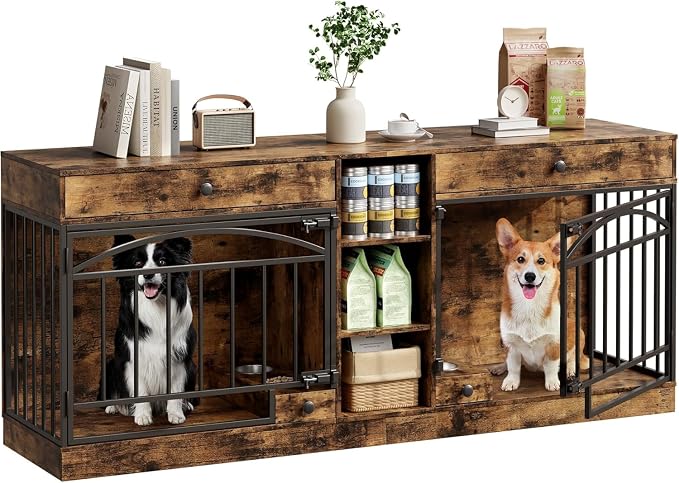 Dog Crate Furniture for 2 Dogs, Double Dog Crate TV Stand, Brown | 78.7'' Large Dog Kennel Indoor, 2 Storage Drawers, 3 Shelves and Feeding Bowls, Pet Kennel for Small and Medium Dogs