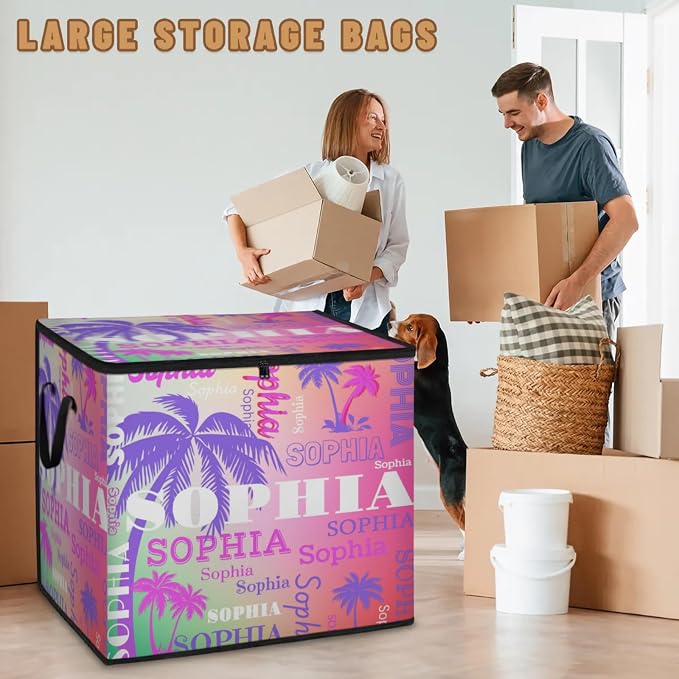 Personalized Storage Bins with Lid, Customized Name Jumbo Storage Basket Rectangle Clothes Organizer for Organizing Shelf Closet, Purple Pink Tropical Palm Trees Gradient Pink Green Background