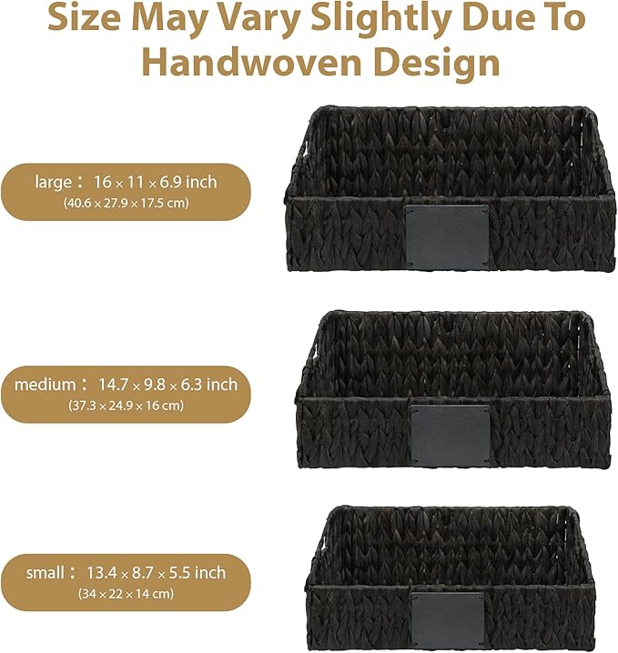 Black Pantry Baskets, Wicker Baskets for Shelves Organizing | Handwoven Pantry Organizers and Storage with Built-in Handles, Laundryroom Organization Storage Bins for Snack Cans