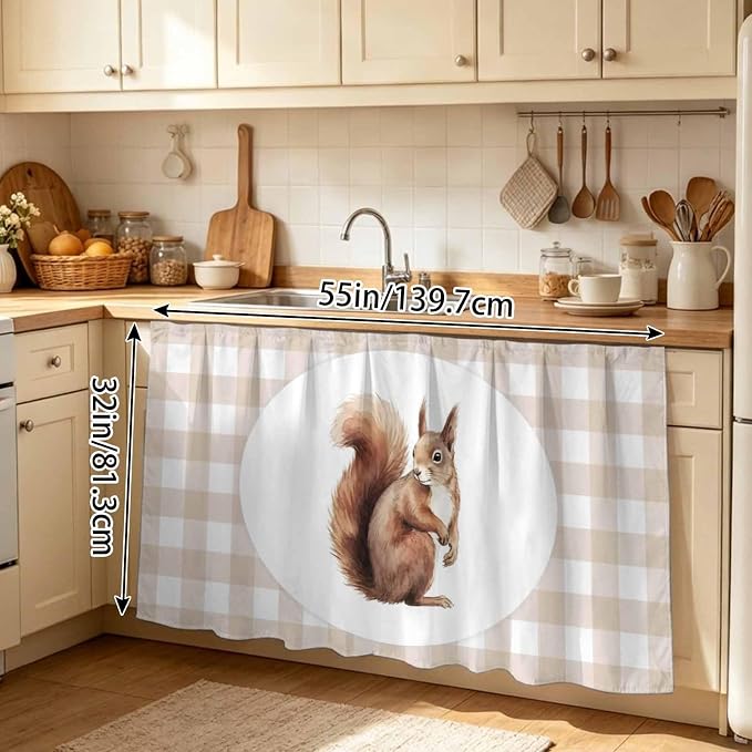 Squirrel Plaid Sink Skirt for Bathroom, Self-Adhesive Under Sink Curtain, Modern Farmhouse Checkered Rustic Animal Hide Pipes & Storage Fabric Cabinet Skirt Cover for Kitchen Laundry 32"x55"