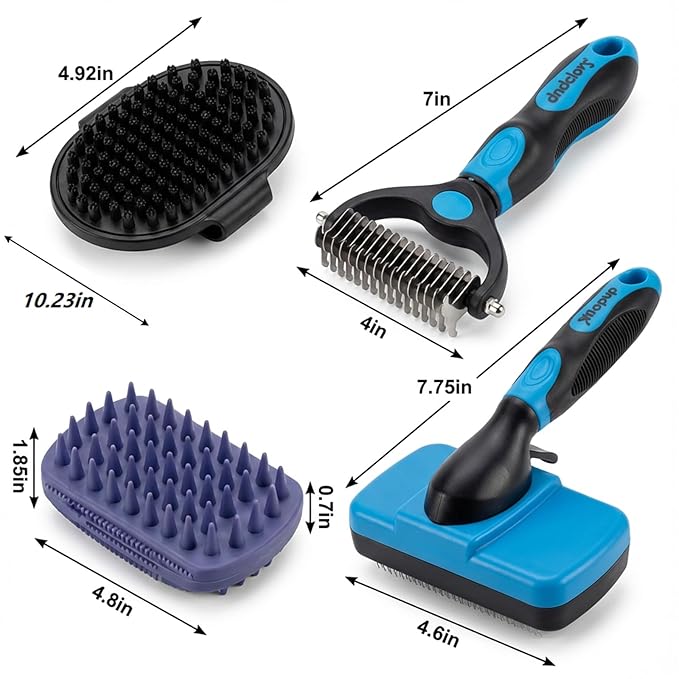 PETIMP STORE 4PCS Self Cleaning Slicker Brush, Pet Grooming Rake, Bath Brush & Massage Brush for Short/Long Haired Dogs, Cats & Horses, Pet Grooming Deshedding Tools - Pet Supplies (Blue Black)