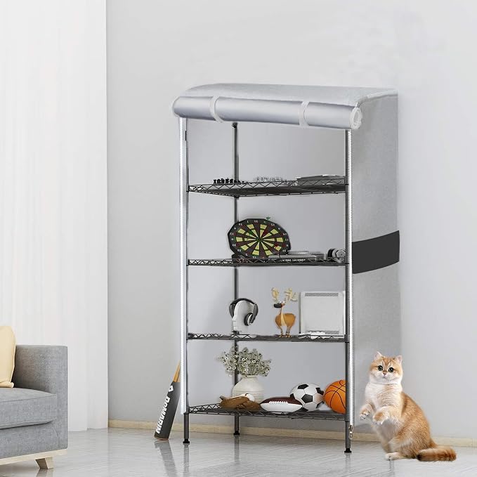 Shelf Cover, Wire Rack Cover 36" W x 18" D x 72" H | Dust Blocking, 600D Oxford Fabric, Garage, Basement, Roll-Up Front, Dual Zipper, Side Pockets, Shelving Cover, Silver & Black