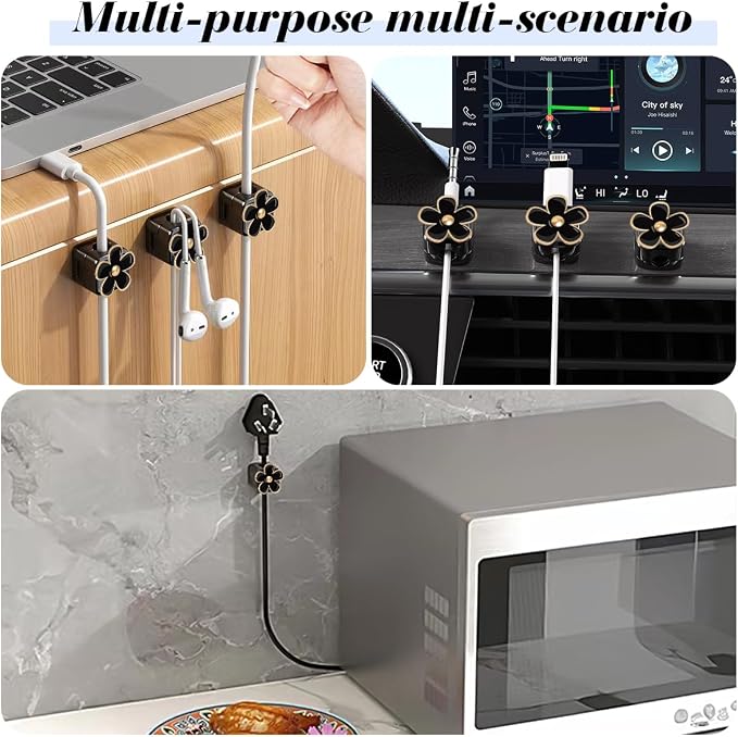 Magnetic Cord Organizer, Easy Secure Adhesive Cable Management, Wire Holder Organizer, Hide Or Organize Phone USB Charger Cable Clips for Home,Office,Car,Desk,Nightstand (Black Flower-8 Pack)