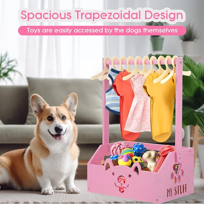 Chunful Dog Closet Wardrobe, Storage Bin, 5 Hangers, Wooden,Pink | Organize Pet Clothes and Toys, For Small Dogs and Cats, Includes Wardrobe Rack and Storage Box, Natural Wood, 19"x13"x9"
