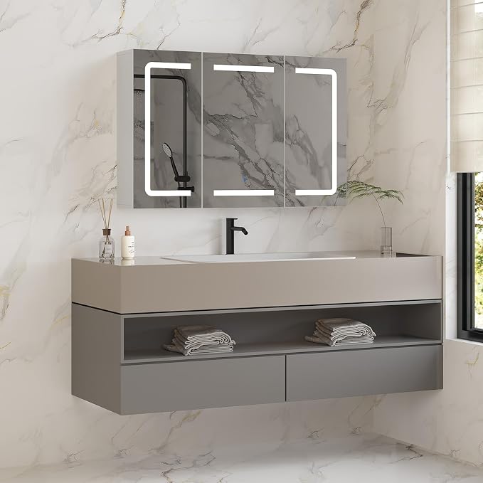 Medicine Cabinet Organizer with Mirror, Lighted Bathroom Medicine Cabinet with Storage, 3 Doors Bathroom Wall Cabinet with LED Lights, Adjustable Shelves & Outlets, 35.4'' x 23.6'', White