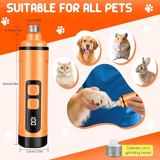 Dog Nail Grinder Electric Powerful 3 Speeds Dog Nail Clippers with Lights Quiet Cat Nail Clipper Painless Care Trimmers Tools for Small Medium Large Dogs and Cats(Orange)
