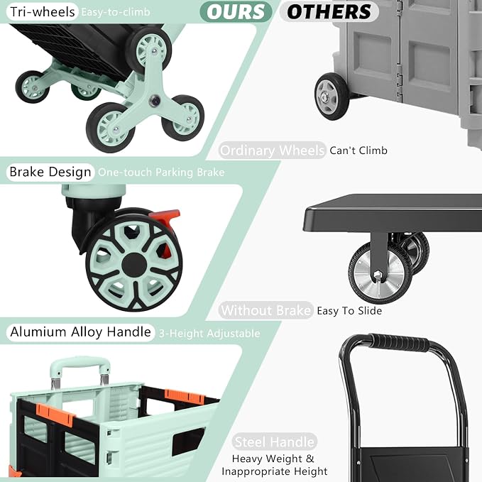 FELICON SELORSS Folding Utility Climber Cart Portable Rolling Crate-Green | Stair Climbing Wheels+360°Swivel Wheels,Telescoping Handle,Plastic Box Dolly for Travel Shop Move Laundry Office Teacher Use