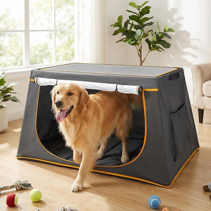 43 Inch Collapsible Travel Dog Crate, Dark Grey Portable Kennel | Collapsible Compact Storage, Breathable Mesh Windows, Built-in Storage Pocket, Indoor & Outdoor Use for Medium-Large Dogs
