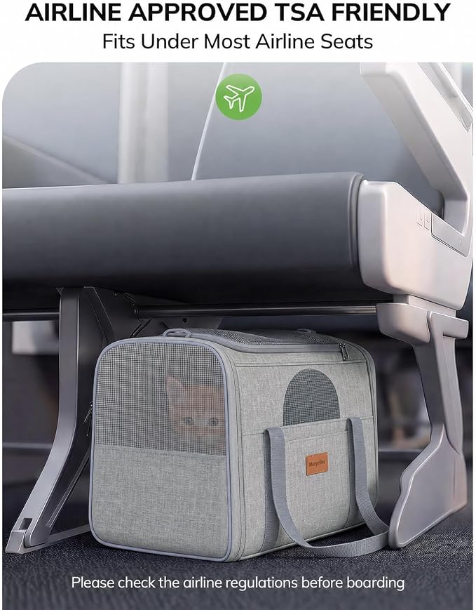 Morpilot Airline Approved Cat Carrier for Pets up to 15lbs,16.5" x11" x11" | Soft-Sided Pet Travel Carrier with 4-Sided Mesh Ventilation for Cats & Puppies (Light Gray)