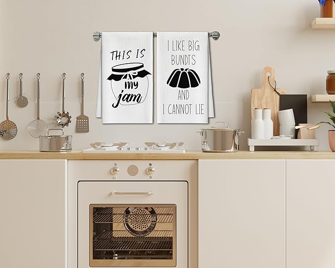 Kitchen Towels Set of 2, Jam and Bundts Dish Towel for Kitchen, Decorative Hand Towels for Bathroom, Fast Drying Tea Towel with Funny Sayings, Housewarming Xmas Gifts for Women Mom -B14