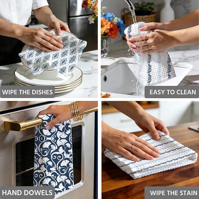 3 Pcs Retro Flower Kitchen Towels, Colorful Flower Soft Absorbent Hand Tea Towel, Microfiber Dish Cloths for Drying Dishes, Waffle Dish Towels for Kitchen Farmhouse Decor, Floral Gifts for Women Mom02