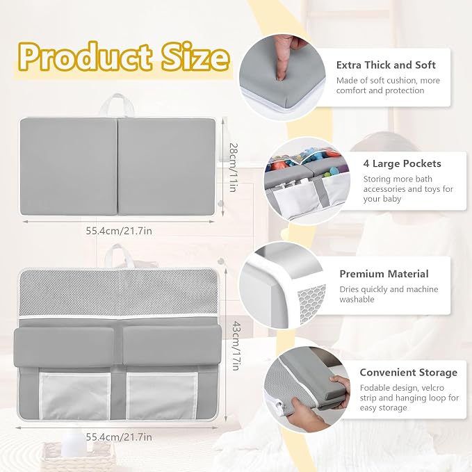 Baby Bath Kneeler and Elbow Rest Pad Set - 22'' Extra Long Quick Dry Kneeling Pad for Bathing Baby with Knee & Arm Support, Foldable Non-Slip Bathtub Mat with Toys Organizer