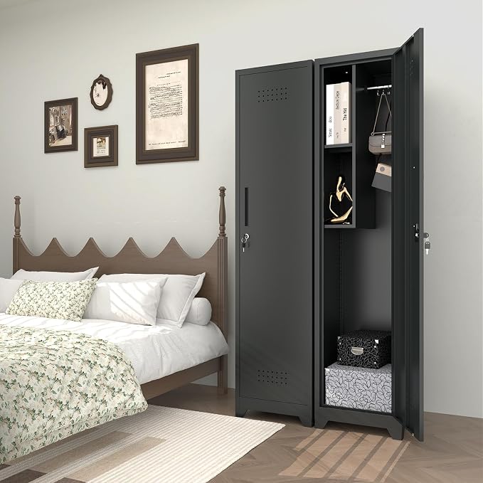 Slim Broom Closet Storage Cabinet, Black Metal Cabinets with Lock and & S-Hooks, Cleaning Supply Cabinet, 65x15.8x15.8 Utility Storage Cabinet for Garage, Office, Laundry Room