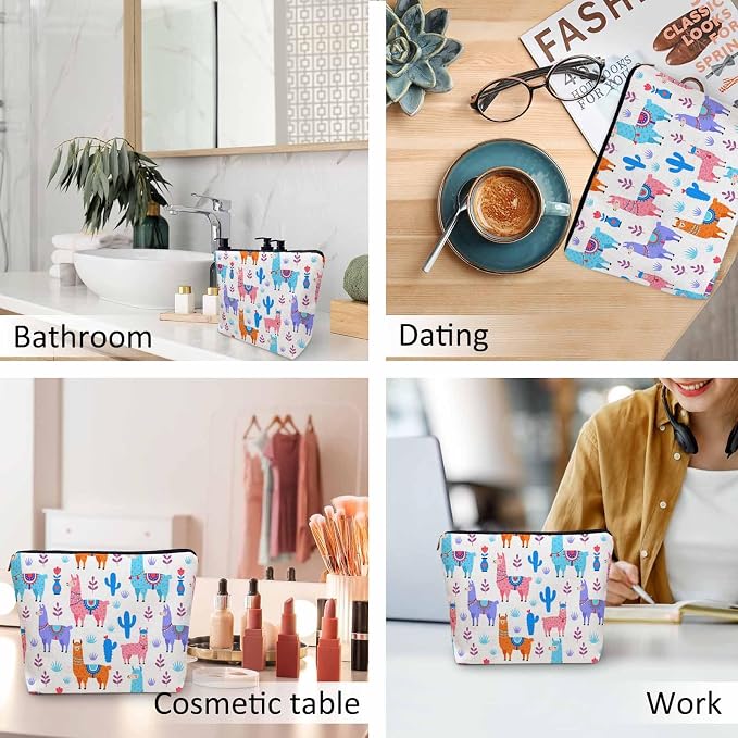 Makeup Bag For Purse Llama, Cartoon Llama Alpaca Cactus Cosmetic Bags For Women With Zipper Travel Toiletry Pouch Makeup Bags Makeup Organizers Purse For Toiletries Cosmetics