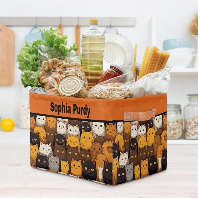 Personalized Kids Toy Box with Name, Custom Nursery Baskets Cubes Bins, Kids Custom Storage Basket Laundry Baskets Organizer with Handles, Cute Colorful Cats Pattern