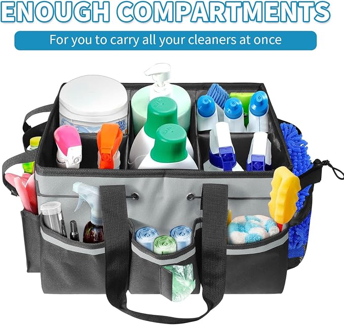 Cleaning Tool Organizer Bag with Handles, Cleaning Caddy, Grey | Cleaning Bag for Housekeepers,Detachable Shoulder Strap & Dividers, for Car Detailing, Housekeeping, Cleaners