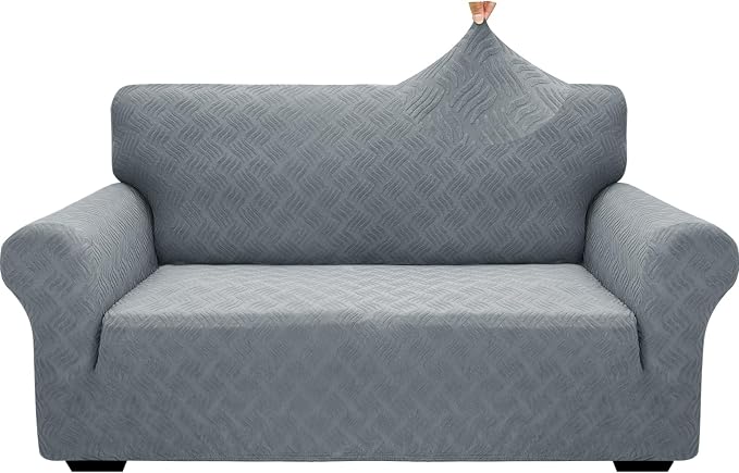 YEMYHOM Couch Cover Latest Jacquard Design High Stretch Sofa Covers for 2 Cushion Couch, Pet Dog Cat Proof Loveseat Slipcover Non Slip Elastic Furniture Protector (Medium, Leaf Pattern Light Gray)