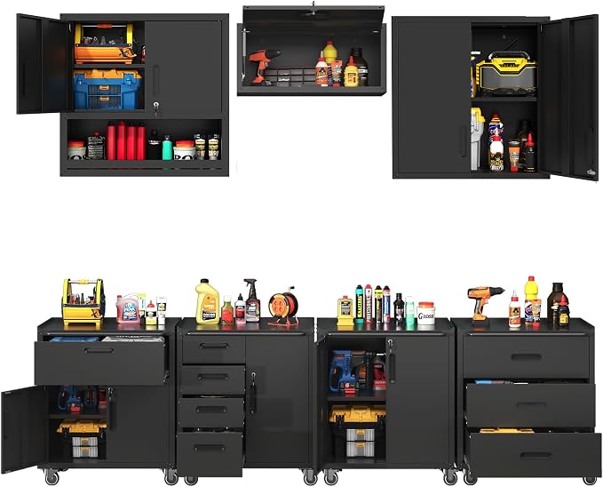 Metal Garage Storage Cabinets System, 7-Pcs Workshop Tool Cabinet Set,Black | Including 3 Pcs Wall Cabinets 4 Pcs Garage Tool Cabinets with Wheels,Assembly Required