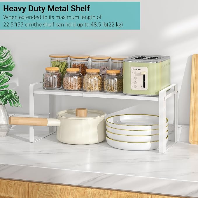 2 Pack Expandable Cabinet Organizer Shelves, 88lbs High Weight Capacity, Stackable Heavy-Duty Metal Storage Rack, Adjustable Cabinet Shelf for Kitchen, Pantry, Cupboard, Under Sink, White