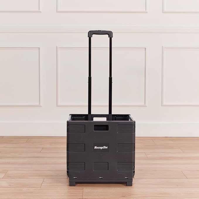 ECR4Kids Universal Collapsible Rolling Utility Storage Cart, Black | Durable plastic, adjustable handle, 40 lb capacity, collapses to 3" thick for storage, rolling wheels for easy transport