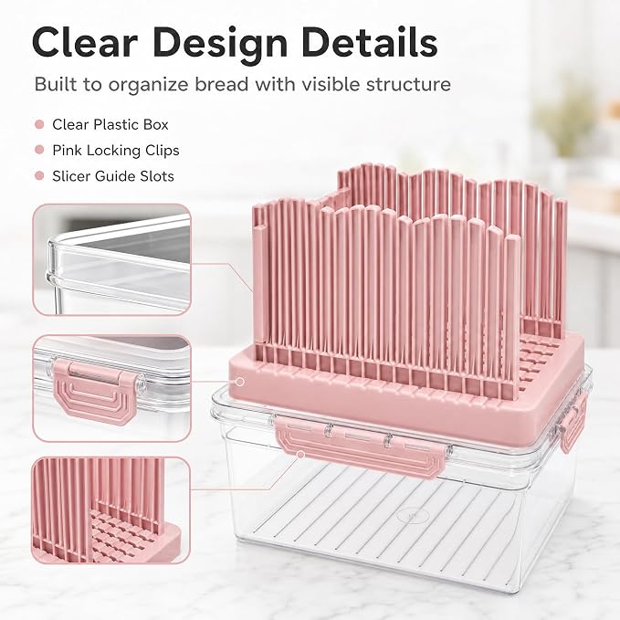 VECELO Bread Box with Slicer & Ice‑Chilled Condiment Caddy, Portable Airtight Bread Storage Container with Lid & Handle for Kitchen Counter, Pink