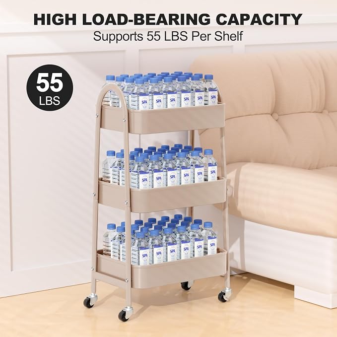3 Tier Rolling Cart, Large Metal Storage Cart with Handle and Lockable Wheels, Big Multifunctional Storage Organizer Trolley with Mesh Baskets for Kitchen, Living Room, Office, Garage (Beige)