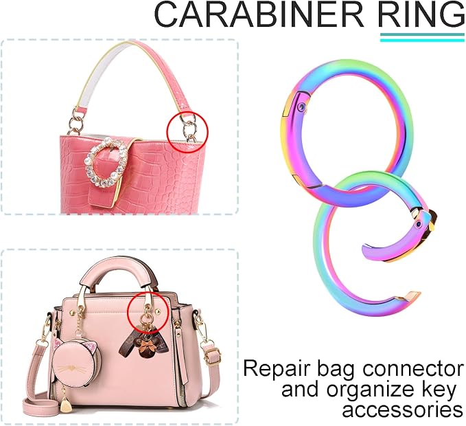 CooBigo 10Pack 1-1/4 Inch Large Round Rainbow Carabiner Clips, Metal Spring O Ring Keychain Rings for Purse Chain Ring Clip Dog Tags Clip Replacement Paracord Keychain Lanyard Leather DIY Crafts