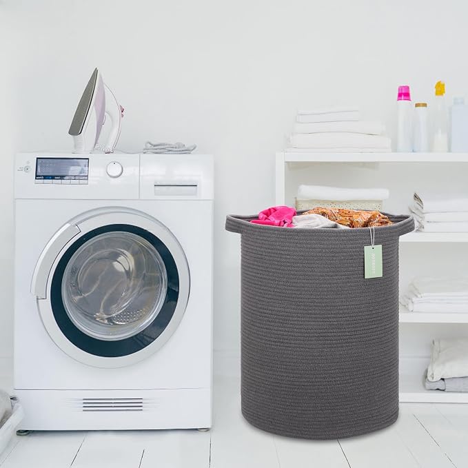 Cotton Rope Blanket Basket, 72L Tall Laundry Hamper, Dark Gray