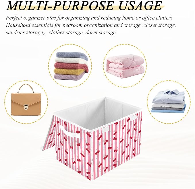 Cherry Fabric Storage Bins with Lid Storage Baskets for Organizing Nursery | Decorative Storage Boxes, Foldable & Stackable, Dust-Proof Flip Top, Reinforced Handles, For Home & Dorm, Clothes & Toy Box