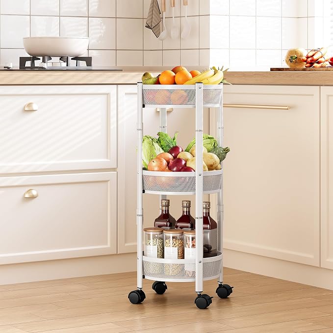 TOOLF 3 Tier Foldable Rolling Cart, Metal Utility Storage Cart, White | Assembly-Free, Lockable Wheels, Round Trolley Organizer for Bathroom, Kitchen, Office, Dorm, Laundry, Craft Room