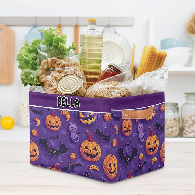 Custom Name Storage Bin, Personalized Rectangular Storage Basket with Handles for Organizing Girls Toys Office Closet Shelf Baskets Halloween Pumpkin Bat Cat Stars Purple