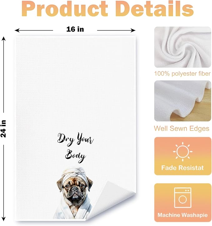 Funny Pug Dog Hand Towels for Bathroom Washroom, Gifts for Pug Lovers Women Men, Dog Bathroom Decor, 16x24 Inch Set of 4