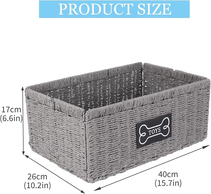 Dog Toy Basket Metal Frame Woven Rattan Foldable Bin, Dog Toy Storage Organizer for Living Room,Entryway,Toy Storage Organizer with Collapsible Rectangular Design,Pet Toy Basket for Dogs and Cats