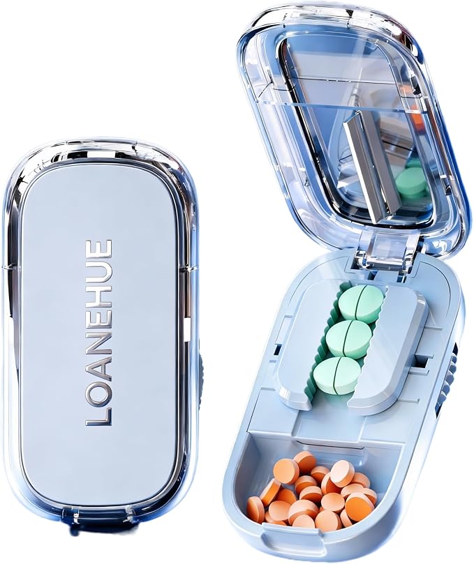 Precision Pill Cutter for Small and Tiny Pills, Sharp Blade with Storage Compartment, Travel-Friendly 1/2 Pill Splitter for Home/On-The-Go, Blue