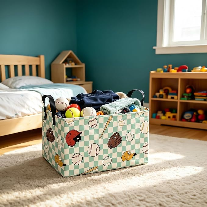 Rectangular Collapsible Storage Basket Toy Organizer Green Grid Baseball | Storage Bin Foldable Canvas with Handles for Organizing Home Kitchen Children Toys Office Closet Shelf Baskets