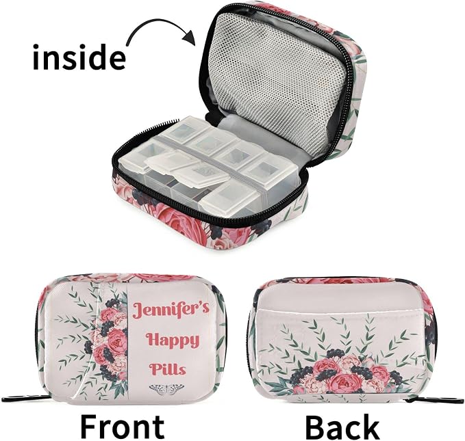 Custom Pill Box 7 Day Pill Case Bag Blossom Flower Personalized Name Travel Pill Organizer Bag with Zipper Portable Weekly Case Compact Size for Vitamin Supplement Holder