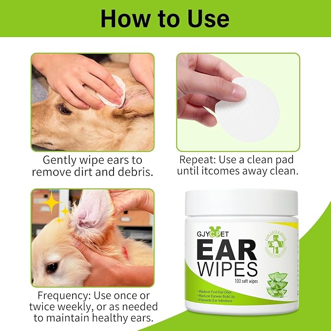 Dog Ear Wipes - Cat Dog Ear Cleaner, Puppy Ear Wipes Wash Cleaner for Dogs Cats - 100 Wipes for Dog Cat Ear Cleaning, Remove Ear Wax Dirt Debris for Dogs Cats Ear Infection Treatment Wipes