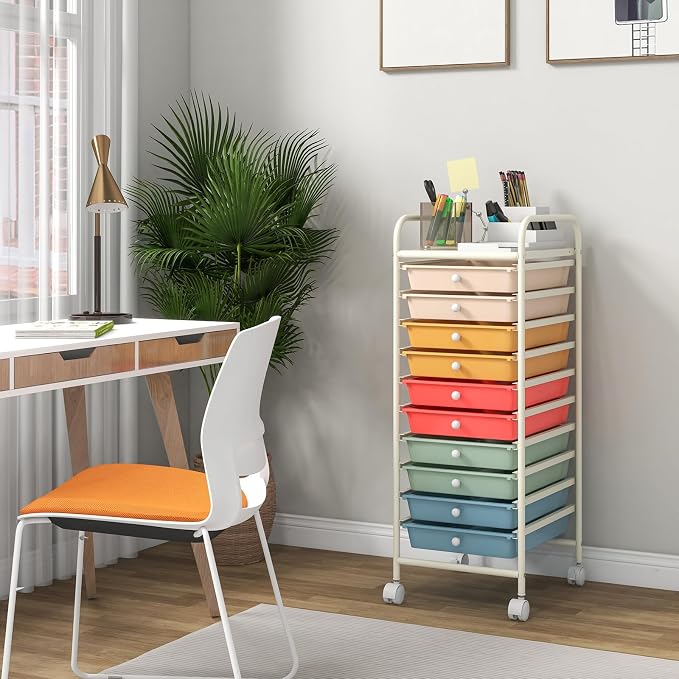 10 Drawer Rolling Storage Cart, Organization Cart with Drawers for Craft Makeup Paper Tool Art Supply, Versatile Utility Cart on Wheels for Home Office Classroom School (Macaron Multicolor)
