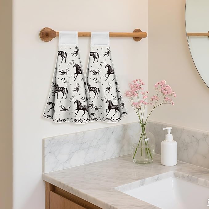 CUTHOLLOW Black Horse and Swallow Hanging Kitchen Towels with Loop, Set of 2 Soft & Super Absorbent Microfiber Decorative Hanging Dish & Hand Towel, Tea Coffee Towel for Kitchen Bathroom Oven Handle